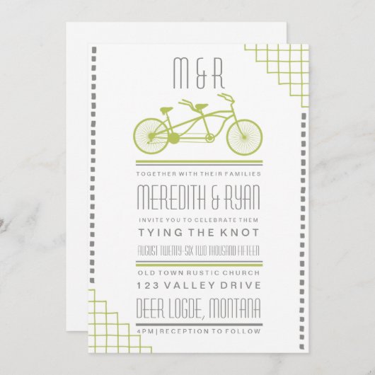 グレー及びライムヒップスター自転車結婚式招待状 招待状 (正面/裏面)