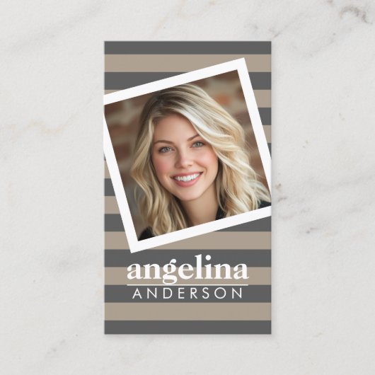 グレー名門私立校風のパタストライプのーンの名前をカスタムすると写真 名刺 (正面)