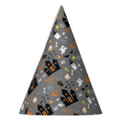 グレー図解入りの、写真付きのの黒のハロウィーンパターン パーティーハット (左)