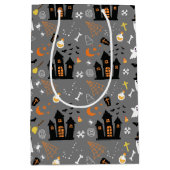 グレー図解入りの、写真付きのの黒のハロウィーンパターン ミディアムペーパーバッグ (正面)