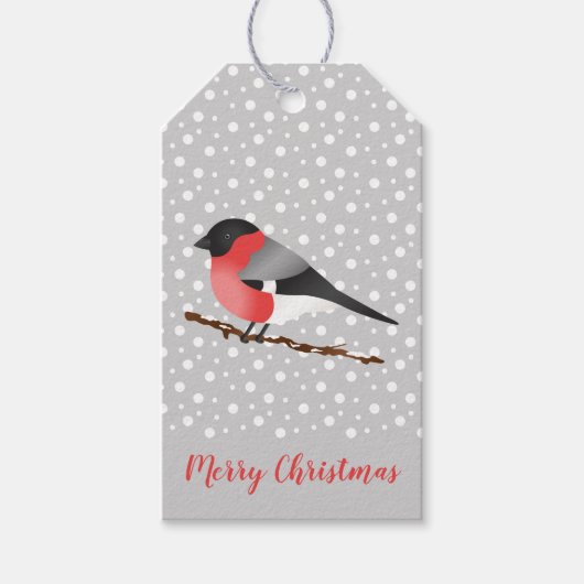 グレー地に可愛い赤い冬の鳥 メリークリスマス ギフトタグ (正面)