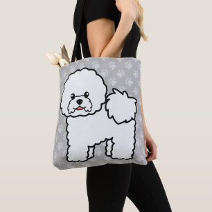 グレー地に描かれたかわいい白いビションフリーゼのキャラクタードッグ トートバッグ