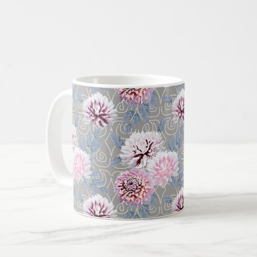 グレー地に白とピンクの花 コーヒーマグカップ (正面左)