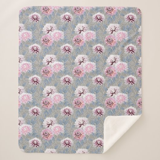 グレー地に白とピンクの花 シェルパブランケット (正面)