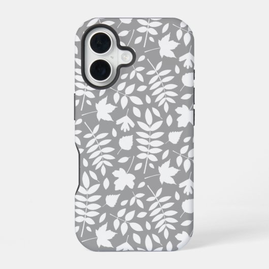 グレー地に白の落ち葉模様 iPhone 16ケース (裏面)