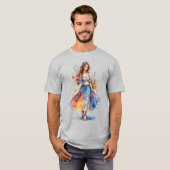 グレー地に花を持つ水彩画の女性 Tシャツ (正面フル)