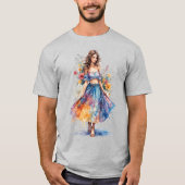 グレー地に花を持つ水彩画の女性 Tシャツ (正面)