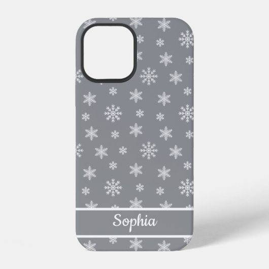 グレー地に雪の結晶とお名前のデザイン iPhoneケース (裏面)