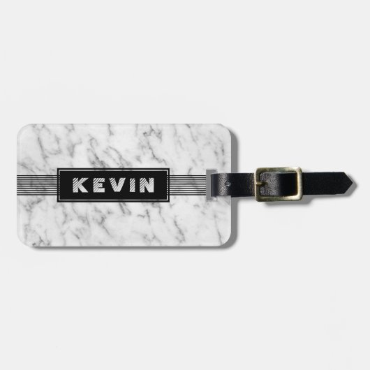 グレー大理石テクスチャと黒ストライプ色 ラゲッジタグ (正面横)