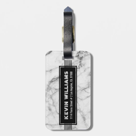 グレー大理石テクスチャと黒ストライプ色 ラゲッジタグ (裏面縦)