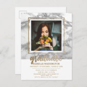 グレー大理石&金ゴールドグリッタースクリプト写真の卒業 インビテーションポストカード (正面/裏面)