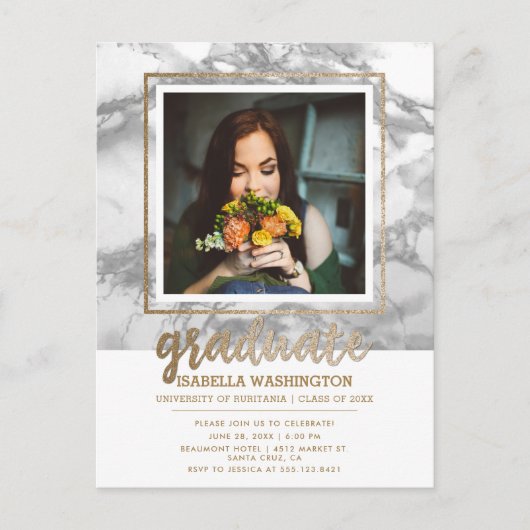 グレー大理石&金ゴールドグリッタースクリプト写真の卒業 インビテーションポストカード (正面)