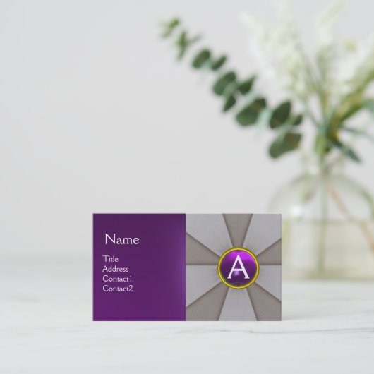 グレー抽象芸術、パープルジェムストーンモノグラムパール 名刺 (スタンド正面)