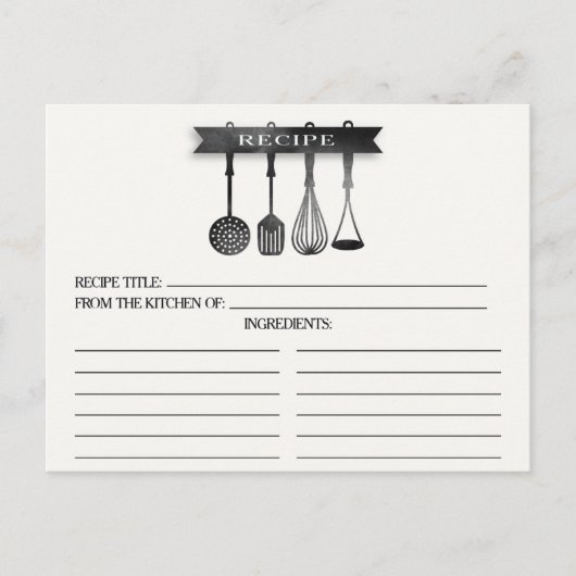 グレー水彩器具ブライダルシャワーレシピカード ポストカード (正面)