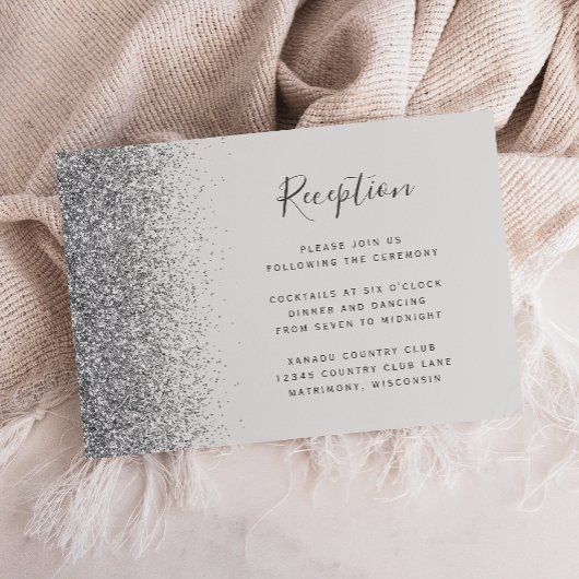 グレー淡い色のシルバーグリッターウェディングレセプション エンクロージャーカード