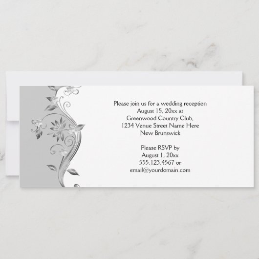 グレー淡い色のシルバ華美ーの花が渦巻く披露宴 招待状 (裏面)