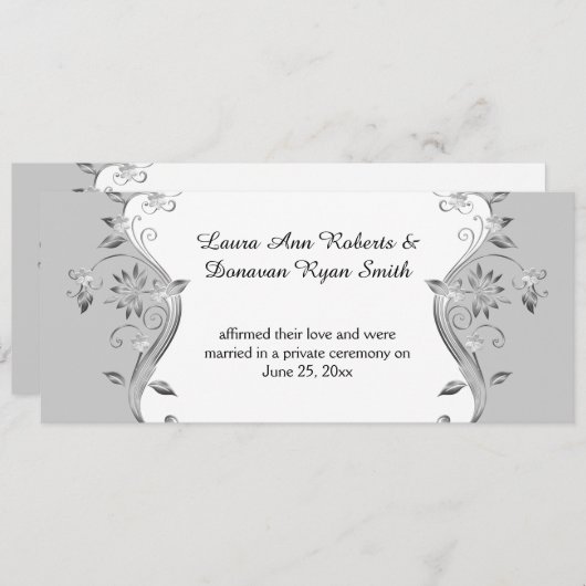 グレー淡い色のシルバ華美ーの花が渦巻く披露宴 招待状 (正面/裏面)