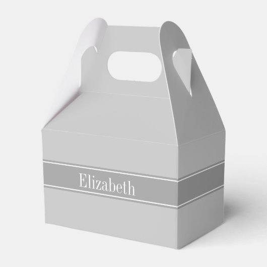 グレー無地のの濃いグレーのリボン名モノグラム フェイバーボックス (正面サイド)