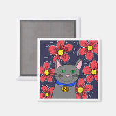 グレー猫と花のパーソナライズイニシャル マグネット (正面/裏面)