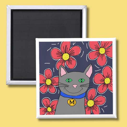 グレー猫と花のパーソナライズイニシャル マグネット