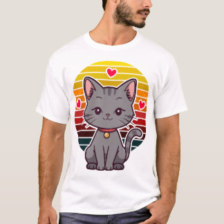 グレー猫のかわいいレトロな夕焼けアニメアート Tシャツ