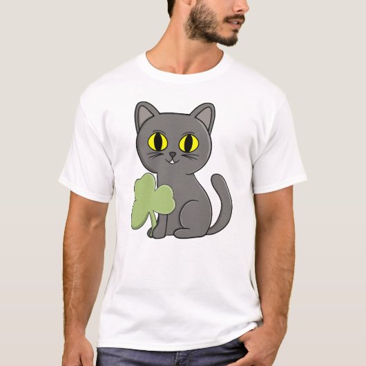 グレー猫のシャムロッククローバーチャーム Tシャツ (正面)