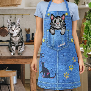 グレー猫インデニムフェイクポケット名前をカスタムする エプロン