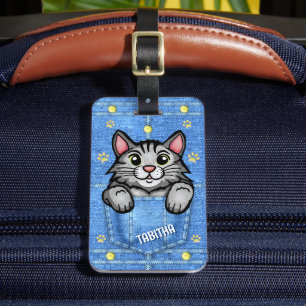 グレー猫インデニムフェイクポケット名前をカスタムする ラゲッジタグ