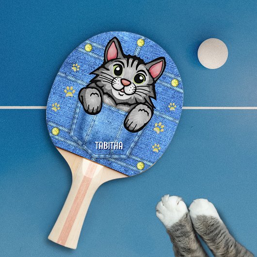 グレー猫インデニムフェイクポケット名前をカスタムする 卓球ラケット