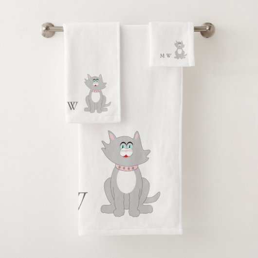 グレー猫デザインのモノグラム バスタオルセット (インサイチュ)