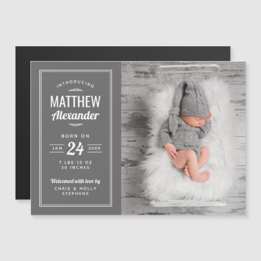 グレー男の赤ちゃん磁気写真誕生のお知らせ (正面/裏面)