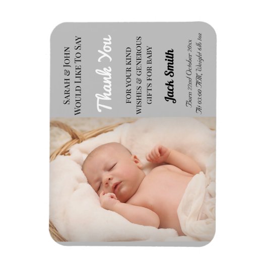 グレー男の赤ちゃん磁気写真誕生のお知らせ マグネット (縦)