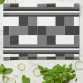 グレー白黒チェックストライプパターン キッチンタオル (折り畳み)