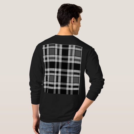 グレー白黒フランネルプレイドタータンチェックデザイン Tシャツ (裏面フル)