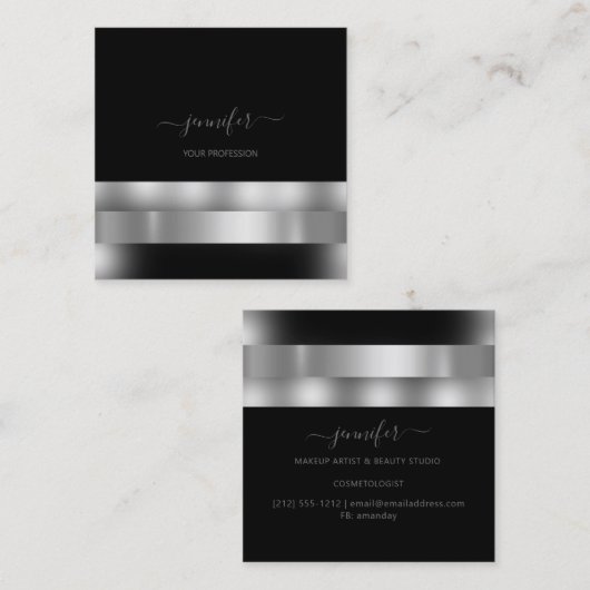 グレー白黒メイクアップアーティストインフルエンサーシルバー スクエア名刺 (正面/裏面)