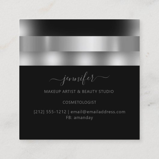 グレー白黒メイクアップアーティストインフルエンサーシルバー スクエア名刺 (裏面)