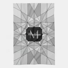 グレー白黒モザイク三角形パターンモノグラム キッチンタオル
