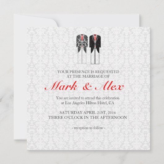 グレー白&赤の同性カップルの結婚式の招待 招待状 (正面)