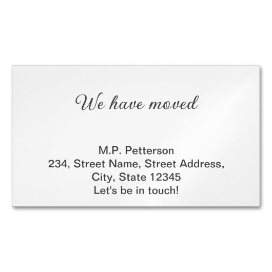 グレー私ミニマルたちは移動した名前アドレスの追加文字 マグネット名刺 (正面)