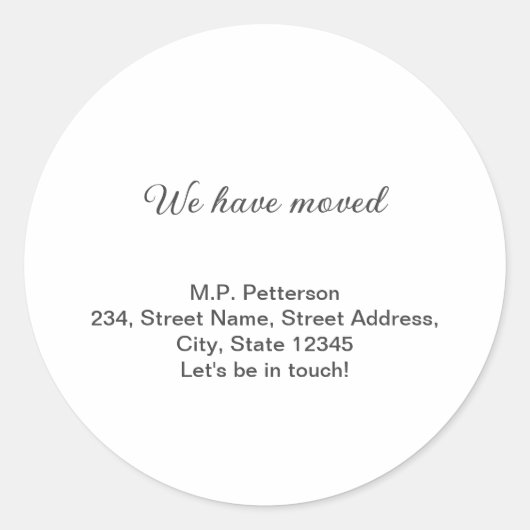 グレー私ミニマルたちは移動した名前アドレスの追加文字 ラウンドシール (正面)