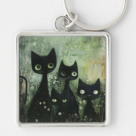 グレー系の背景にデイジーを持つ4匹の黒猫 キーホルダー