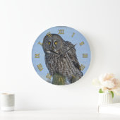 グレー素晴らしフクロウとフェンスのポスト野生生物写真 ラージ壁時計 (ホーム)