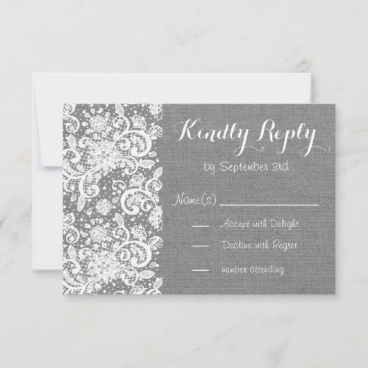 グレー素朴のラップとレース付きRSVPカード 出欠カード (正面)