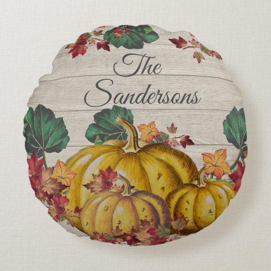 グレー素朴ウッドオータムオレンジカボチャ紅葉 ラウンドクッション (正面)