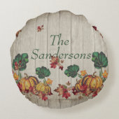 グレー素朴ウッドオータムオレンジカボチャ紅葉 ラウンドクッション (裏面)