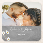 グレー素朴ウッドカスタムフォト結婚のコースター スクエアペーパーコースター (正面)