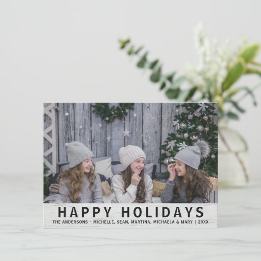グレー素朴ウッドクリスマスハッピーホリデーズ写真 シーズンカード (スタンド正面)