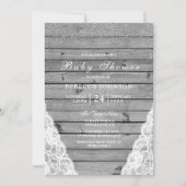 グレー素朴ウッドシルバーホワイトレースベビーシャワー 招待状 (正面)