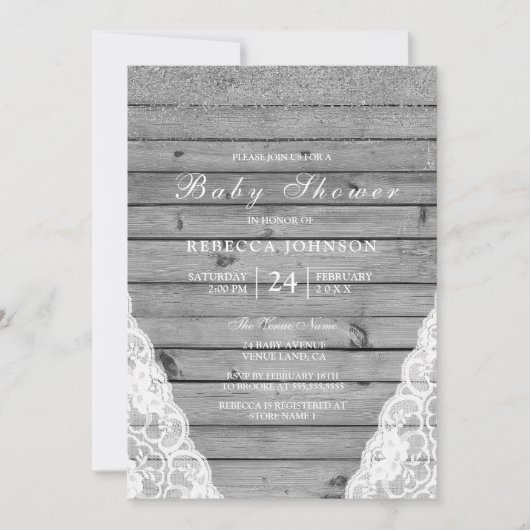 グレー素朴ウッドシルバーホワイトレースベビーシャワー 招待状 (正面)