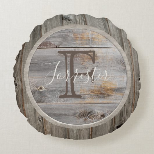 グレー素朴ウッドトーンモノグラム ラウンドクッション (正面)